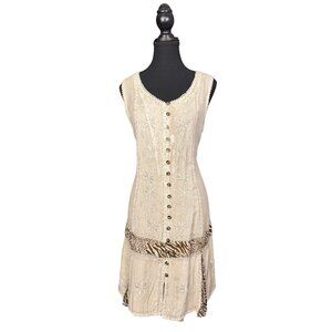 Vintage 90s Boho Floral Embroidered Dress, Leopard Print, Neutral Cotton Rayon